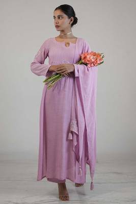 Stitched Pink Kurta Set in Premium Linen Crepe with Hand Embroidery and Matching Dupatta 1