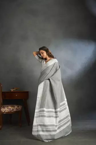 Light grey woven linen saree with blouse