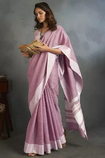 Light pink woven linen saree with blouse