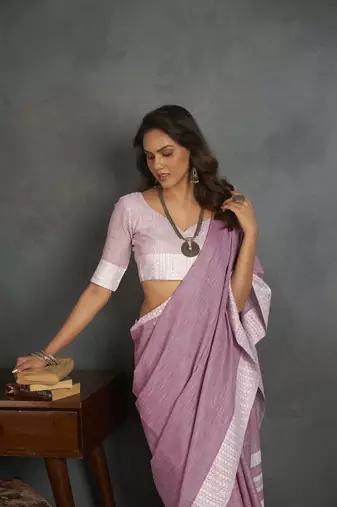 Light pink woven linen saree with blouse