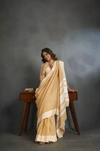 Ivory woven linen saree with blouse