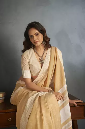 Ivory woven linen saree with blouse