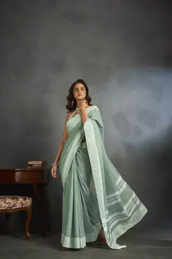 Light green woven linen saree with blouse