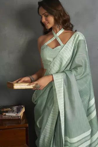 Light green woven linen saree with blouse