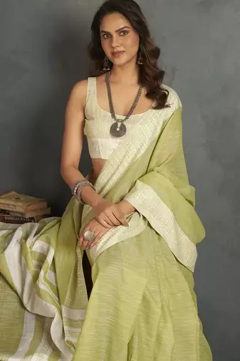 Light yellow woven linen saree with blouse