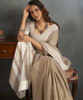 Light brown woven linen saree with blouse 6