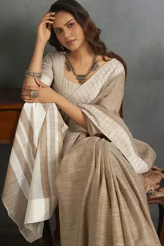 Light brown woven linen saree with blouse