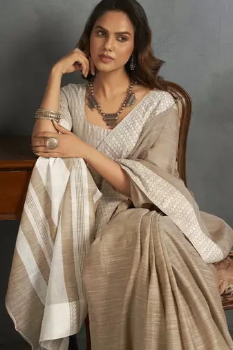 Light brown woven linen saree with blouse