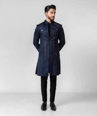 Navy blue embroidered linen achkan set 1