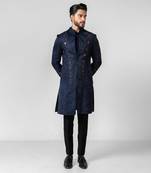 Navy blue embroidered linen achkan set