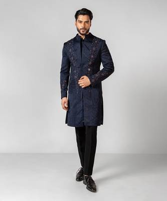 Navy blue embroidered linen achkan set 2