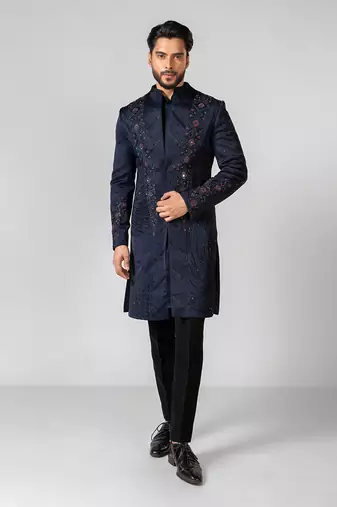 Navy blue embroidered linen achkan set