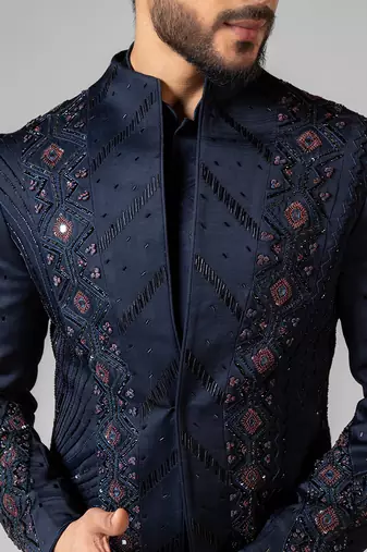 Navy blue embroidered linen achkan set