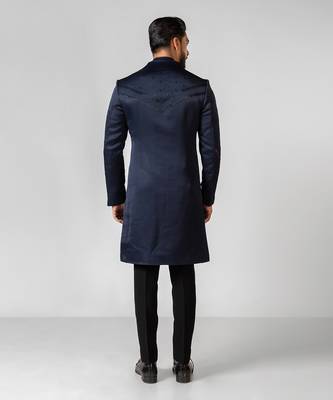 Navy blue embroidered linen achkan set 4