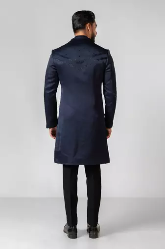 Navy blue embroidered linen achkan set