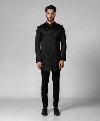 Black embroidered satin achkan set 1