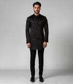 Black embroidered satin achkan set
