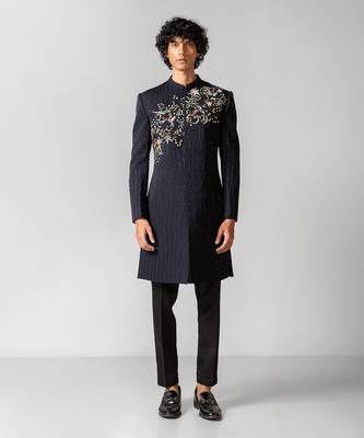 Navy blue embroidered lycra achkan set 1