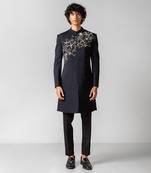 Navy blue embroidered lycra achkan set