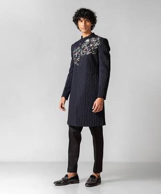Navy blue embroidered lycra achkan set 2