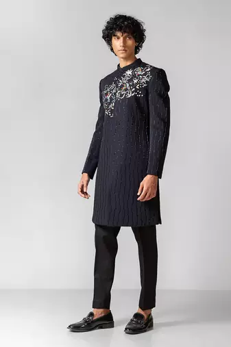 Navy blue embroidered lycra achkan set