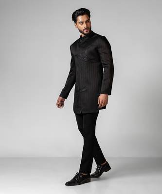 Black embroidered satin achkan set 2
