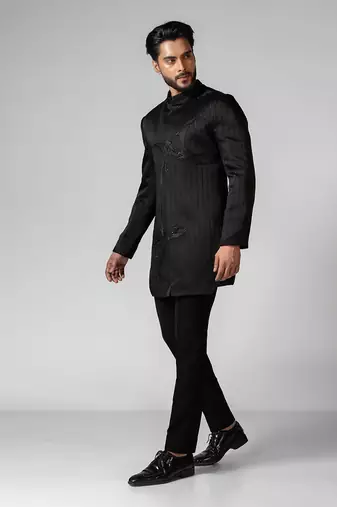 Black embroidered satin achkan set