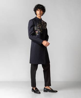 Navy blue embroidered lycra achkan set 3