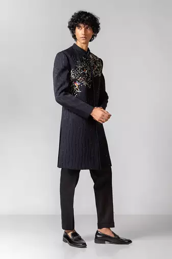 Navy blue embroidered lycra achkan set