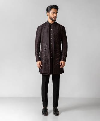 Oreo brown embroidered satin achkan set 1
