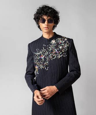 Navy blue embroidered lycra achkan set 4