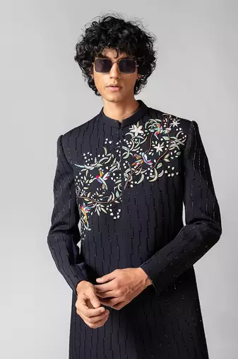 Navy blue embroidered lycra achkan set