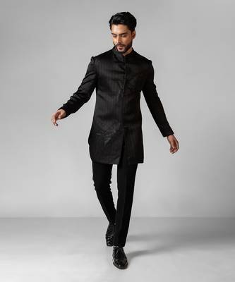 Black embroidered satin achkan set 3