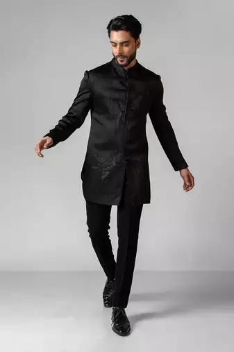 Black embroidered satin achkan set