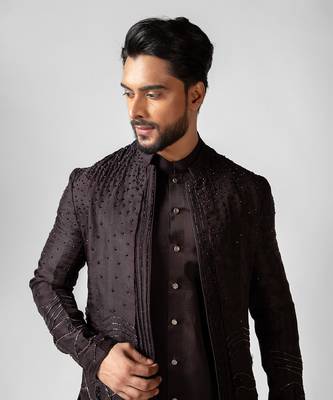 Oreo brown embroidered satin achkan set 4