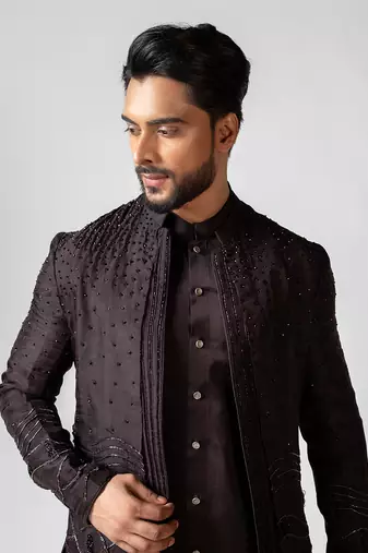 Oreo brown embroidered satin achkan set