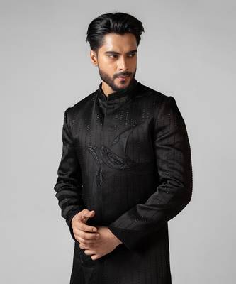 Black embroidered satin achkan set 4