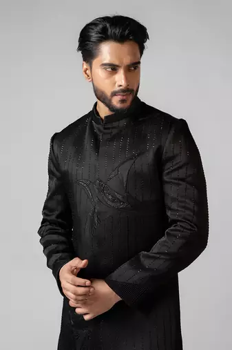 Black embroidered satin achkan set