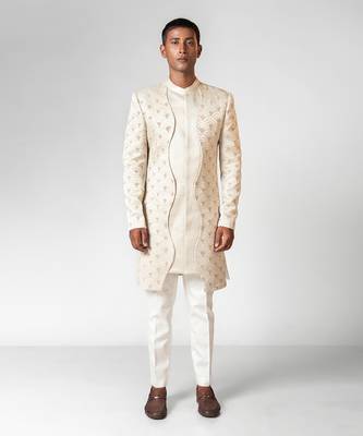 Ivory embroidered satin achkan set 1