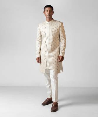 Ivory embroidered satin achkan set 2