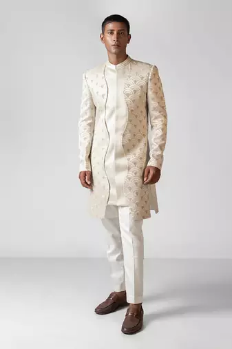 Ivory embroidered satin achkan set
