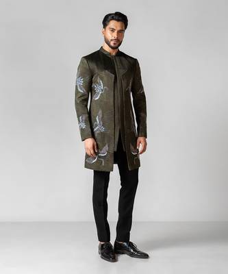 Olive green embroidered silk achkan set 1