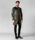 Olive green embroidered silk achkan set