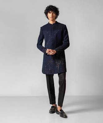 Navy blue embroidered lycra achkan set 1