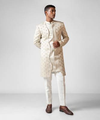 Ivory embroidered satin achkan set 3