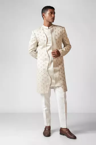 Ivory embroidered satin achkan set