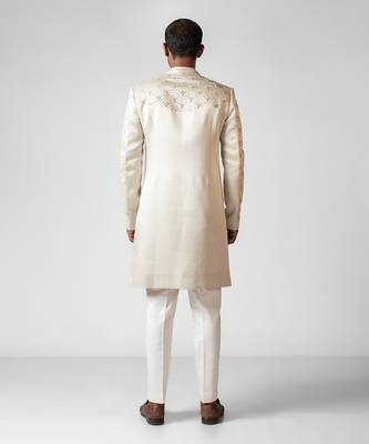 Ivory embroidered satin achkan set 4