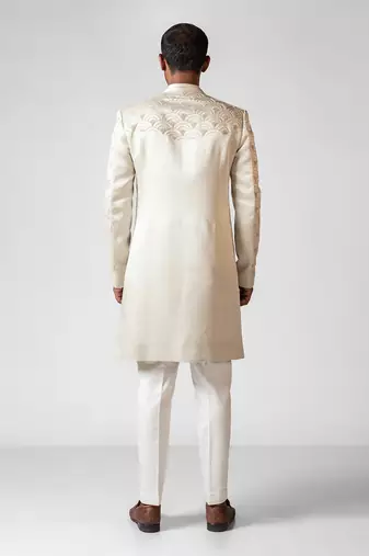 Ivory embroidered satin achkan set