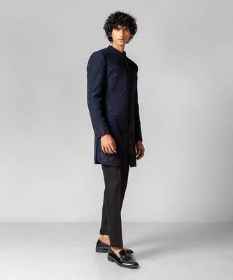 Navy blue embroidered lycra achkan set 2