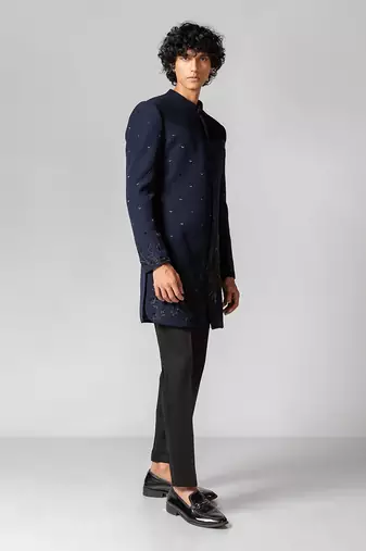 Navy blue embroidered lycra achkan set